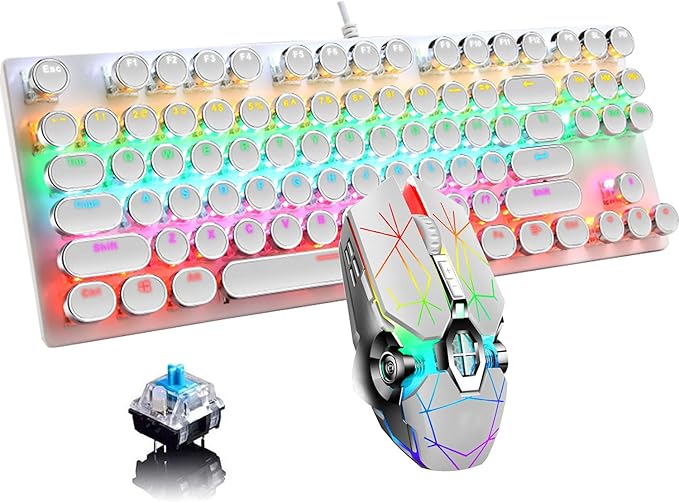 Mechanical Gaming Keyboard and Mouse Combo 87 Key Retro Punk Typewriter-StyleBlue Switch RGB Rainbow Backlit KeyboardCool Breathing Light Lightweight Gaming Mouse for Game and OfficeWhite