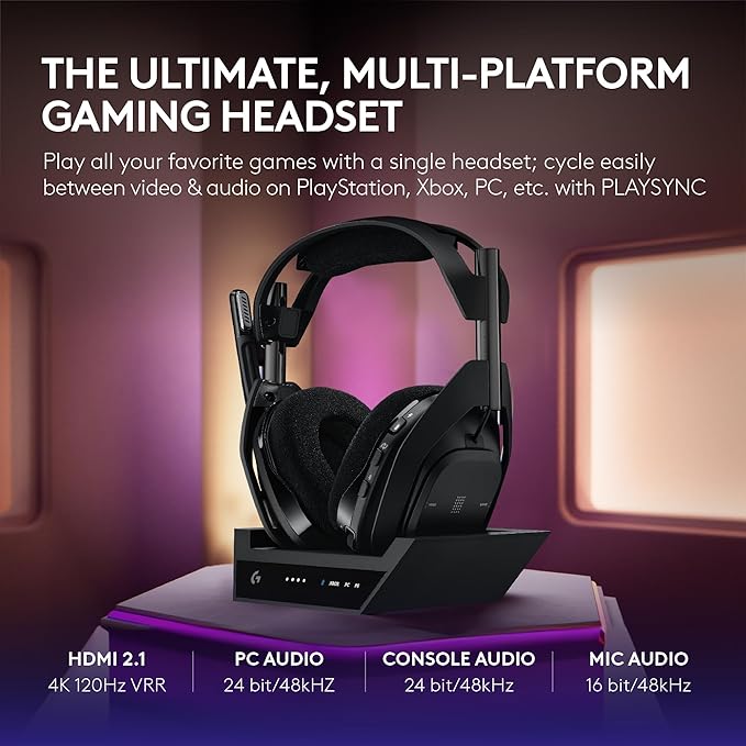 Logitech G Astro A50 X Multi-Platform Wireless Gaming Headset + Base Station for PS5/Xbox/PC: PLAYSYNC Video &amp Audio Switcher HDMI 2.1 4K 120Hz VRR &lt24bit/48kHz 24hr Battery 2.4GHz &amp BT