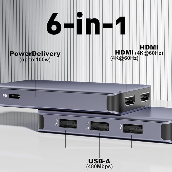 USB C to Dual HDMI Adapter 6 in 1 Docking Station Dual Monitor 3*USB-A Data Ports 100W PD HDMI Splitter Extended Display Laptop USB C Hub for MacBook HP Dell and More
