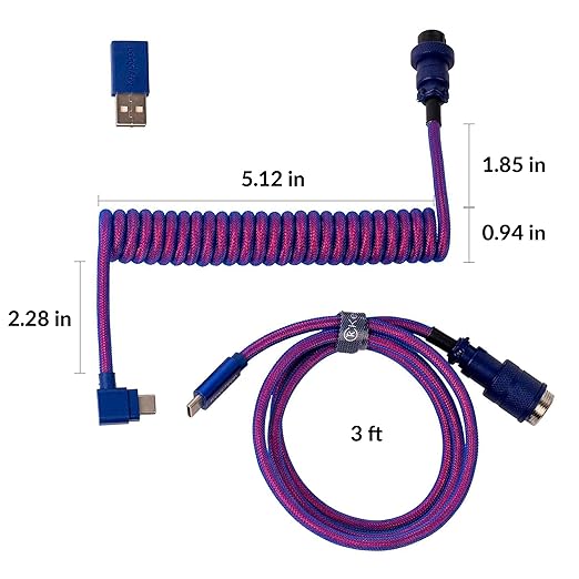 Keychron Premium Coiled USB-C Angled Purple Cable 5-Pin GX16 Detachable Metal Connector USB-A Adapter Double-Sleeved Design for Mechanical Keyboards Charging and Data Sync