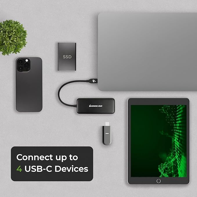 IOGEAR 4-Port USB-C Hub USB 3.2 Gen 2 10Gbps 100W Power Pass-Through High-Speed USB-C Expansion Hub for SSDs Hard Drives Laptops macOS Windows (GUH3C4C)