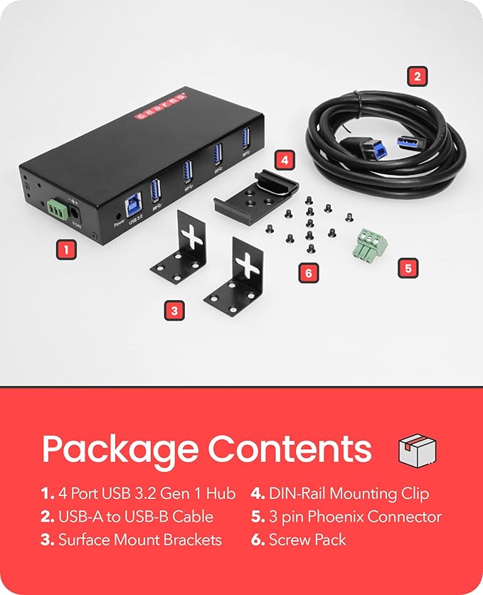 Gearmo USB 3.0 4-Port Hub Industrial DIN Rail &amp Surface Mount 5Gbps Speeds Surge Protection