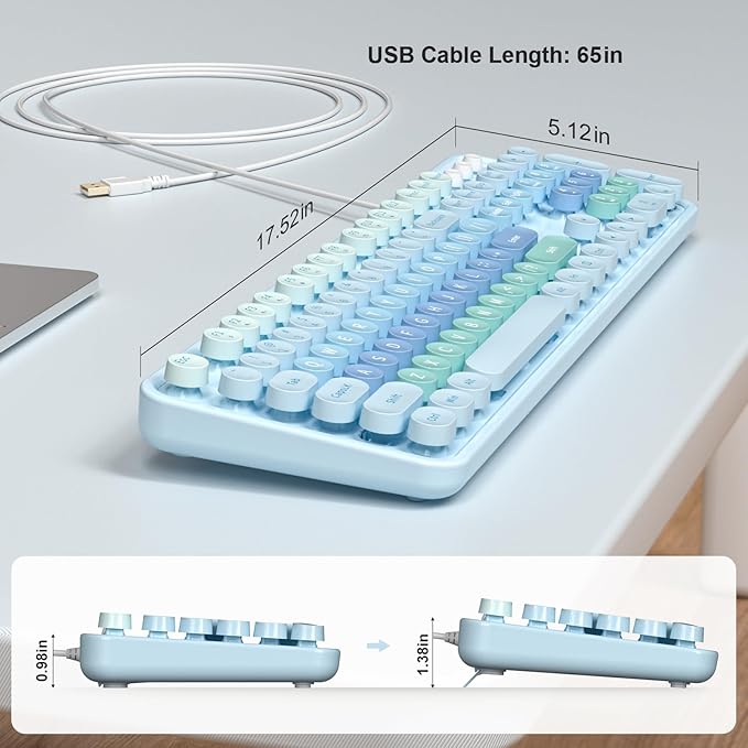 Large Print Keyboard Wired Full Size Wired Retro Round Keyboard with Foldable Stands Plug and Play for Laptop and Office PC- Blue Gradient