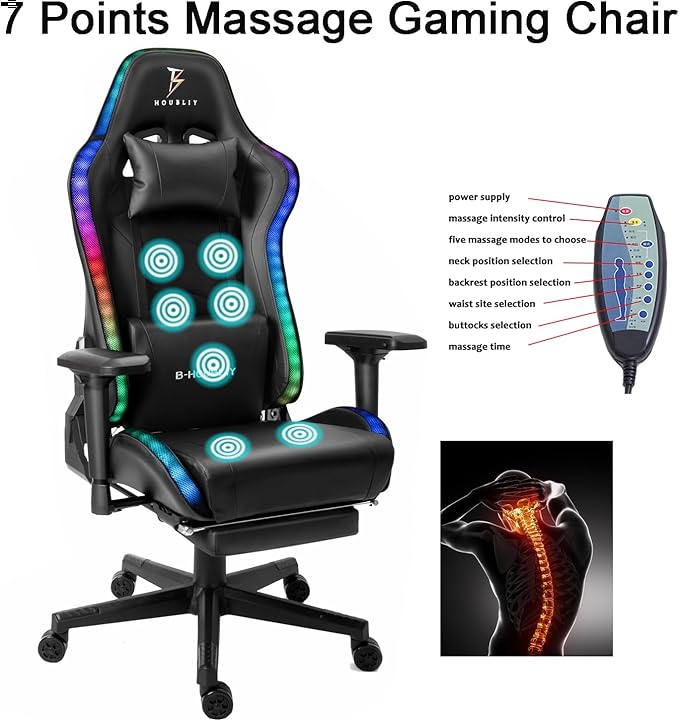 TBQATNTS LED Gaming Chair with Massage High Back PU Video Game Chair with Speakers Adjustable Lumbar Support and Headrest Reclining Computer Gaming Chair for AdultsBlack