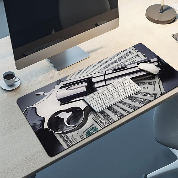 Gun &amp Money Mouse Pad Large Desk Mat Extended Keyboard Mouse Pad with Non-Slip Base and Stitched Edge Mouse Mat Desk Pad 36x16 Mouse Pads for Desk Home Office Gaming