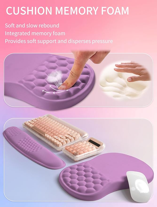 Hokafenle 2in1 Combination Wave Keyboard Wrist Rest and Ergonomic Curvature Mouse Pad Wrist Support for Relieve Wrist Pain Filled with Soft Cushion Memory Foam Purple Lilac