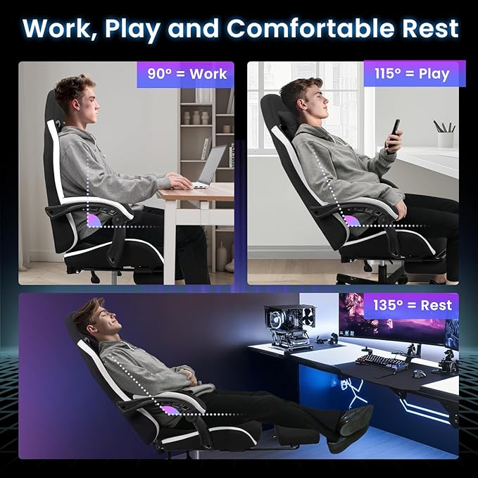 N-GEN GAMING Video Gaming Chair Office Computer Desk Use Ergonomic Reclining Backrest Adjustable Armrests Lumbar Support Footrest High Density Foam Breathable Fabric Heavy Duty Base (Black)