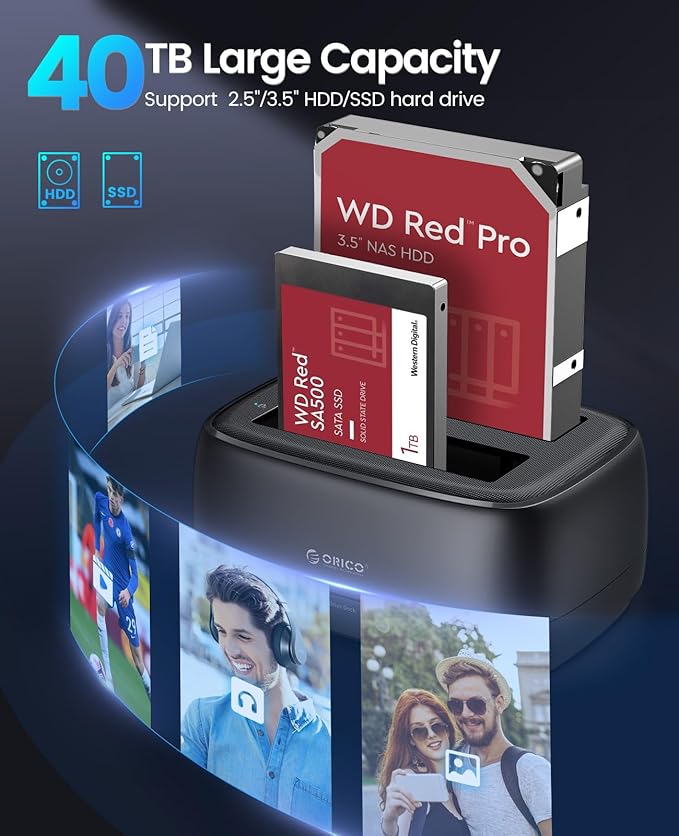 ORICO Dual Bay Hard Drive Docking Station USB 3.0 to SATA III for 3.5inch HDD Max Up to 40TB Support UASP Tool-Free for Files Backup/Game Load (Without Cloner Function)-DD28