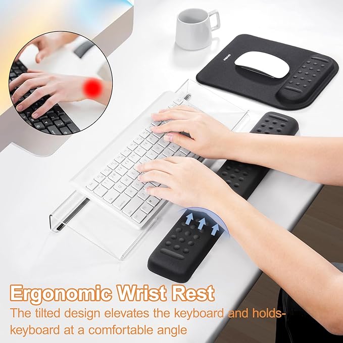 MOSISO Computer Keyboard Stand&ampWrist Rest Support for Keyboard &ampMouse Pad Set Ergonomic Massage Wrist Rest Set Easy Typing Working Acrylic Clear Stand for Office Home Black