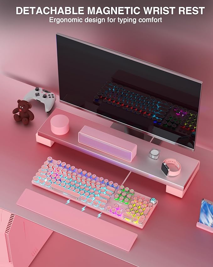 AULA F2088 Typewriter Mechanical Keyboard Pink Retro Wired Gaming Keyboard with Blue Switches Rainbow Backlit Round Keycaps Media Knob &amp Removable Wrist Rest
