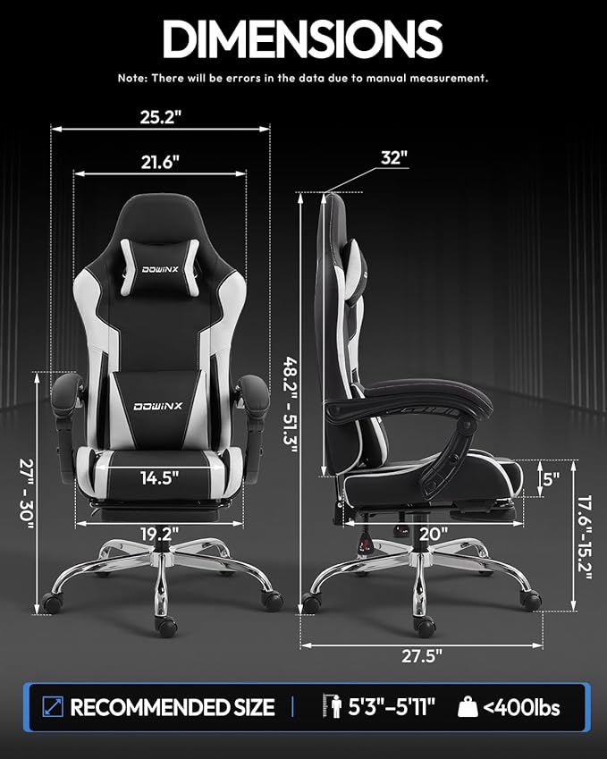Dowinx Ergonomic Gaming Chair with Footrest &amp Massage Lumbar 2D-Linkage Armrests for Computer Chair 330lbs with Headrest Pillow for Office Home Streaming and Long Gaming Sessions White