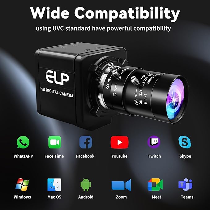 Magnolia USB Camera 8MP 10X Optical Zoomable Webcam with CS 5-50mm Varifocal Manual Lens CMOS IMX179 Sensor Webcam Zoom in and Out Industrial Camera Plug and Play for Linux Windows Raspberry Pi