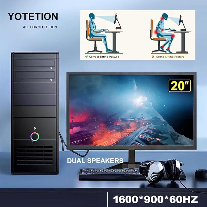 20 '' HD (1600 x 900) Monitor 60Hz with Audio Refresh Rate HDMI x1 Small Thin Monitor for laptops Computers and desktopsLED Display