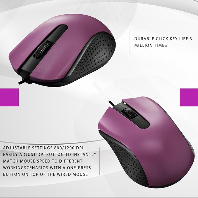 Bonuci 30 Pack USB Wired Mouse 3 Button Corded Computer Mice Bulk USB Mouse for PC Desktop Laptop Office School Classroom Use(Purple)