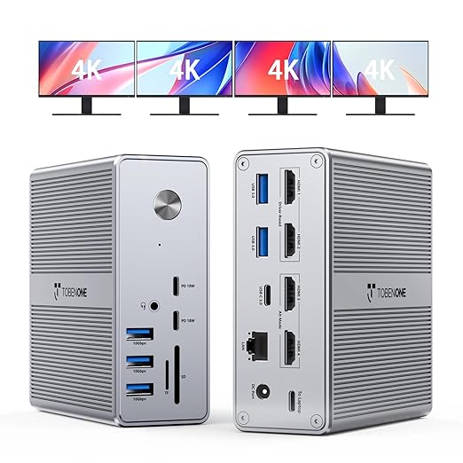 TobenONE DisplayLink Docking Station 4 Monitor with 4 HDMI 18-in-1 Quad/Triple 4K@60Hz Display Dock with 120W Power Supply for Thunderbolt 5/4/3 USB4 USB-C Windows MacBook(8 USB Ethernet etc)