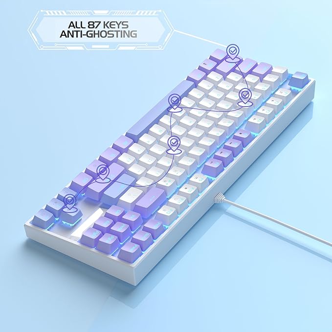 MageGee 75% Mechanical Gaming Keyboard Red Switch LED Blue Backlit 87 Keys Compact TKL Wired Computer Keyboard for Windows Laptop PC Gamer - White/Purple