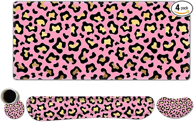 Large Gaming Mouse Pad Set 4 in 1 Extended Keyboard Desk Mat with Wrist Rest PC Computer Game Mousepad Set Non-Slip Desk Pad Easy Typing Pain Relief for Home Office I Pink Leopard Print