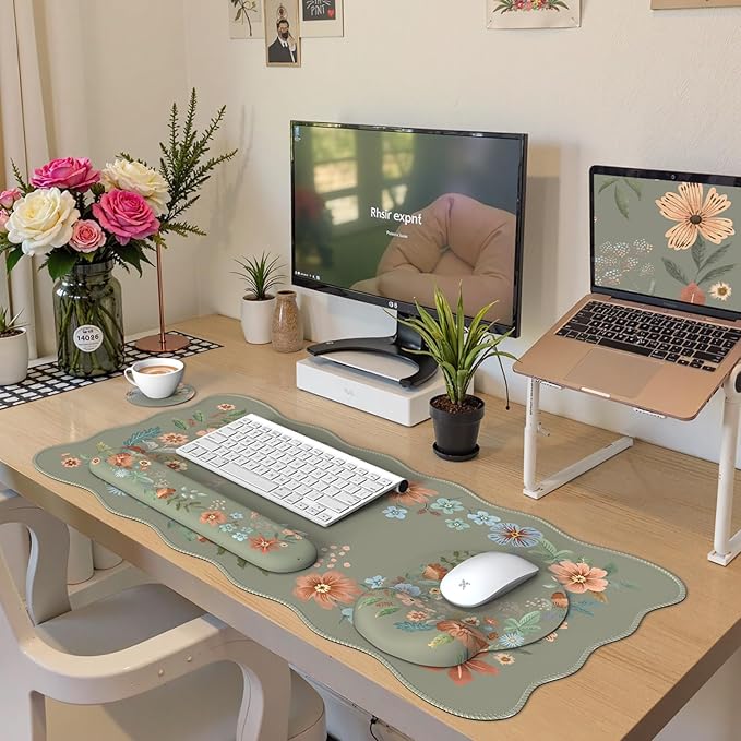 Desk Pad Mat Green Wrist Rest Support for Mouse Pad&ampKeyboard Set Scalloped Vanity mat Protector for Makeup Cute Floral Nail Mat Aesthetic Desk Protector for Women's Office Home Dorm