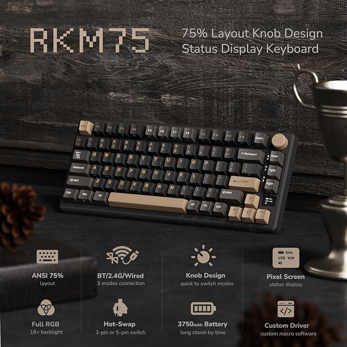 RK ROYAL KLUDGE M75 Wireless Mechanical Keyboard 2.4Ghz/BT5.1/USB-C Gaming Keyboard 75% Layout 81 Keys Gasket Mount with OLED Display &amp Knob RGB Backlight Hot-Swappable Light Switch Grey
