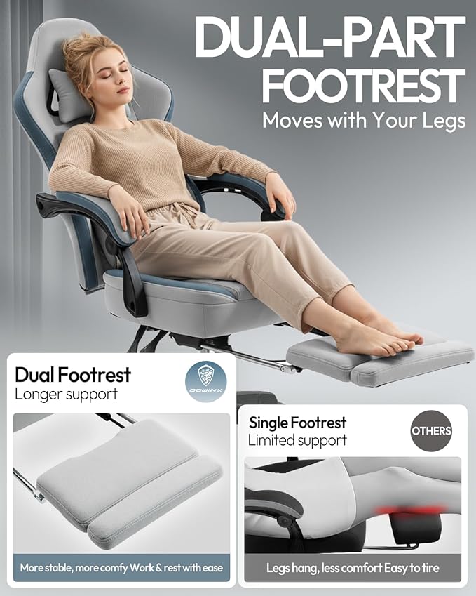 Dowinx Gaming Chair Breathable Fabric Game Chair with Gel Pad and Storage Bag Comfortable Gamer Chair with Pocket Spring Cushion Ergonomic Computer Chair with Footrest Grey and Blue