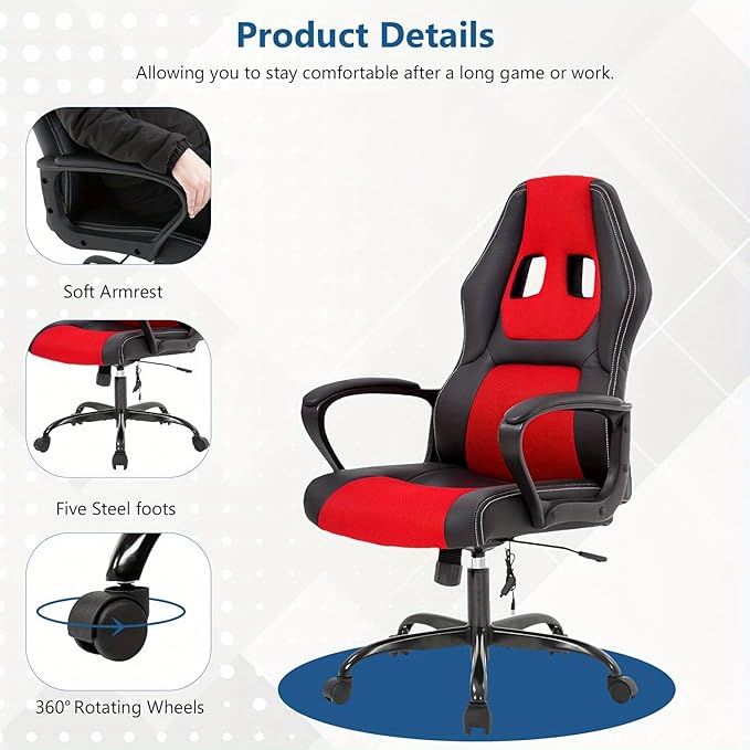 PC Gaming Chair Ergonomic Computer Chair Height Adjustable Chair Massage Game Chair Breathable Office Chair Ergonomic Desk Chair with 360°-Swivel Wide Seat for Office or Gaming Red