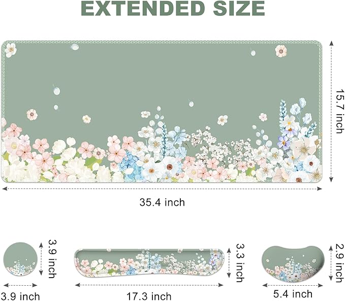 Green Desk Pad Mat Floral Ergonomic Mouse Pad+ Keyboard Wrist Pad+Mouse Wrist Rest Easy Typing Pain Relief 35.4×15.7in Big Keyboard Mat for Home Office