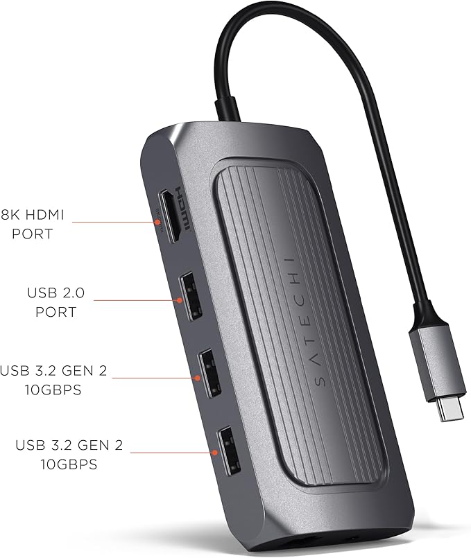 Satechi USB C Hub Multiport Adapter USB 4 with 8K HDMI 100W USB C PD Charging 3X USB-A Ethernet Micro/SD Card Readers Audio Jack for MacBook &amp Windows