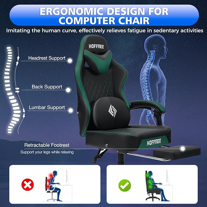 HOFFREE Gaming Chair Computer Chair with Speakers Massage Game Chairs with Footrest Bluetooth High Back Ergonomic Computer Gaming Chairs for Adults Reclining Video Gamer Chair Green and Black