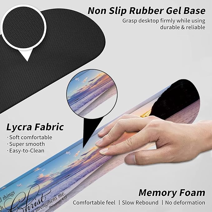 Keyboard Wrist Rest Pad + Mouse Pad Wrist Rest Support + Coaster Combo Set Ergonomic Gaming Mouse Pad for Wrist Pain Relief for Computer Laptop Home Office Beach Quoting Bible Verse Philippians 4-13