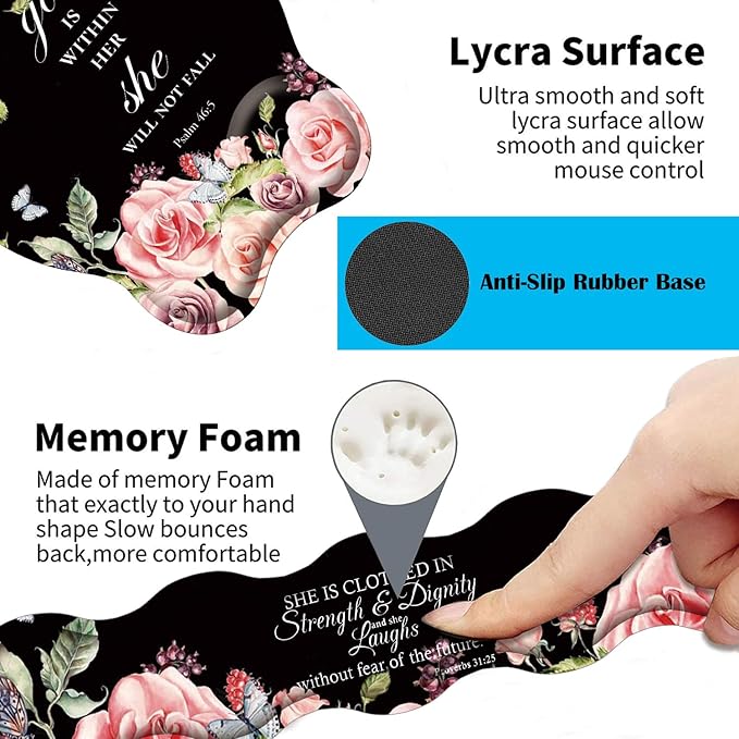 3 in 1 Keyboard Wrist Rest + Mouse Pad and Coaster Ergonomic Gel Mouse Pad and Keyboard Pad Set Comfortable Lightweight for Easy Typing Pain Relie Floral Quote Bible Verse Psalm 46:5