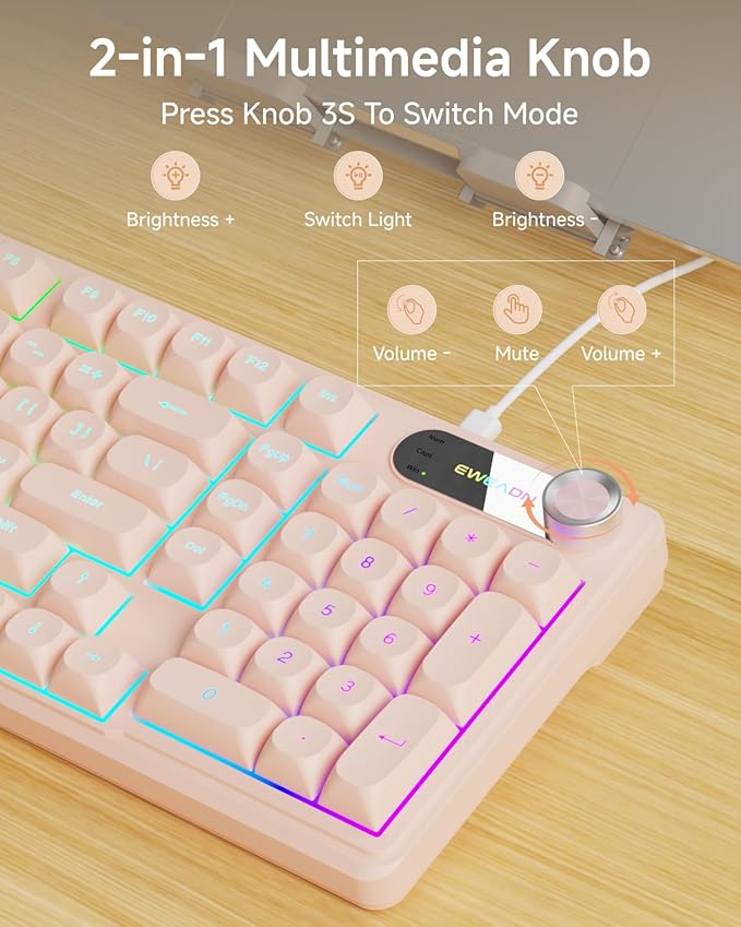 C98 Wired Keyboard and Mouse Combo Wired Computer Keyboards with Wrist Palm Double-Shot Keycaps Silent RGB Backlight Keyboard for Windows/MAC/PC (Creamy Pink)