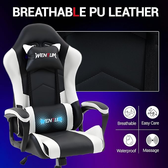 Gaming Chair PU Leather Massage PC Video Game Chair with Lumbar Support for Men Women Home Office Height Adjustable Ergonomic High Back White