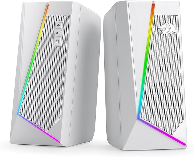 Redragon GS520 RGB Desktop Speakers 2.0 Channel PC Computer Stereo Speaker with 6 Colorful LED Modes Enhanced Sound and Easy-Access Volume Control USB Powered w/ 3.5mm Cable White