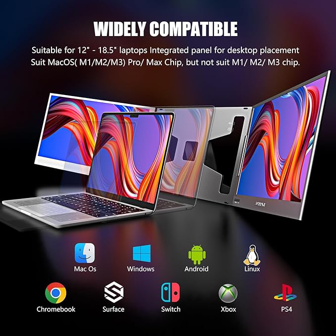 Dual Screen Laptop Monitor Extender 15.6 Fully Compatible Laptop Triple Screen Extender FHD 1080P IPS Portable Monitor for Laptops 12~17 inch Plug &amp Play with USB-C for Win/Mac/PS5/Switch/PS4