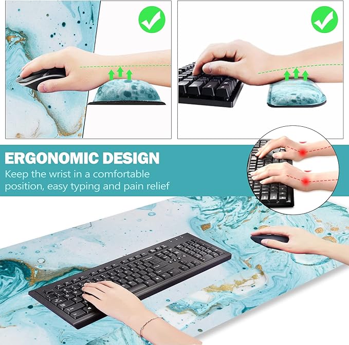 ARTSO Large Gaming Mouse Pad Keyboard Wrist Rest Pad &amp Wrist Support Mousepad Set Stitched Edge Extended Non-Slip Base Memory Foam Desk Mat 4pcs for Office &amp Home Teal Turqoise Marble