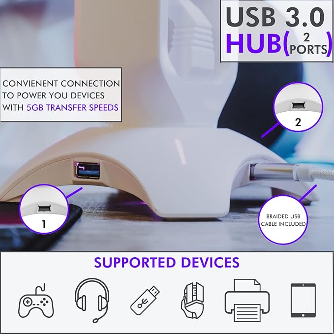 Tilted Nation Gaming Headphone Stand | RGB Headset Stand White | Headset Holder for Desk with Mouse Bungee and USB Hub | The Ultimate Gaming Accessories for Gamers for PS5 Xbox PC - White