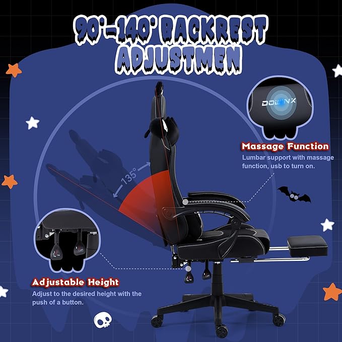Dowinx Gaming Chair Cute with Cat Ears and Massage Lumbar Support Ergonomic Computer Chair for Girl with Footrest and Headrest Comfortable Reclining Game Chair 290lbs for Adult Teen White