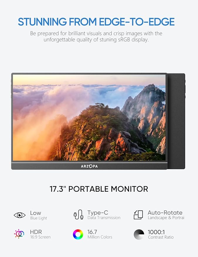 ARZOPA Portable Monitor &amp Sleeve 17.3'' 1080P FHD Laptop Monitor &ampPU Sleeve Bag Combination