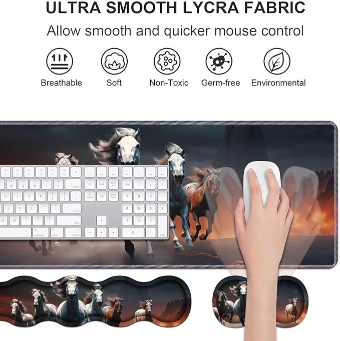 Ergonomic Keyboard Wrist Rest &amp Mouse Pad Wrist Rest Set Large XXL Gaming Desk Mat 31.5x 11.8 with Non-Slip Base Memory Foam Easy Typing Pain Relief for Home &amp Office Running Horses