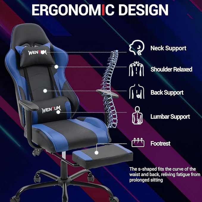 Gaming Chair with Footrest Ergonomic PC Desk Chair with Headrest and Massage Lumbar Support Video Game Chair w/Height Adjustable High Back for Home Office Blue