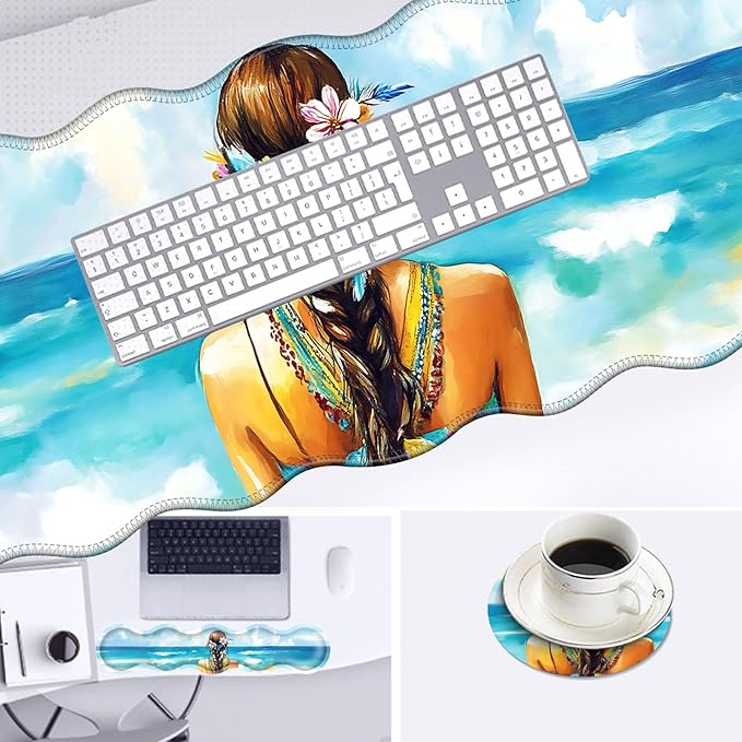 Large Mouse Pad and Keyboard Wrist Rest Desk Pad for Keyboard and Mouse 4-in-1 Large Gaming Mouse Pad with Wrist Support Desk Mat for Home Office Study Game-Girl with Floral and Feather
