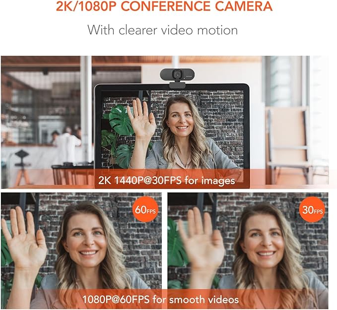 NUROUM V15AF 2K Webcam for PC 1080P 60fps Autofocus HD Webcam with Dual Noise Cancelling Microphone 75° FOV&ampLight Correction USB Web Camera Plug&ampPlay for Zoom/TeamsGrey
