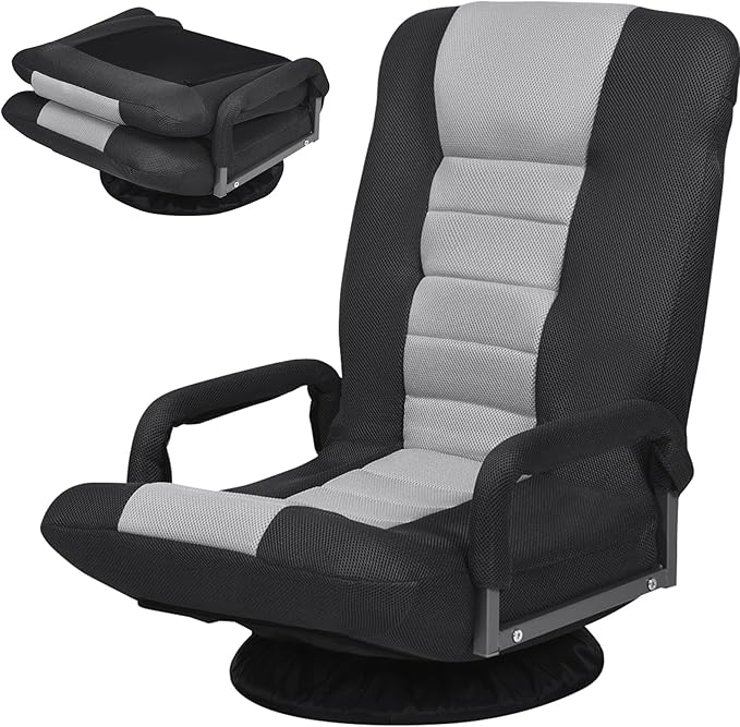 Giantex Floor Gaming Chair 360 Degree Swivel Floor Chair with Armrests 6 Adjustable Position Padded Backrest Folding Floor Chair Rocker for Games Lazy Sofa Lounger Gaming Chair Floor Black/Gray