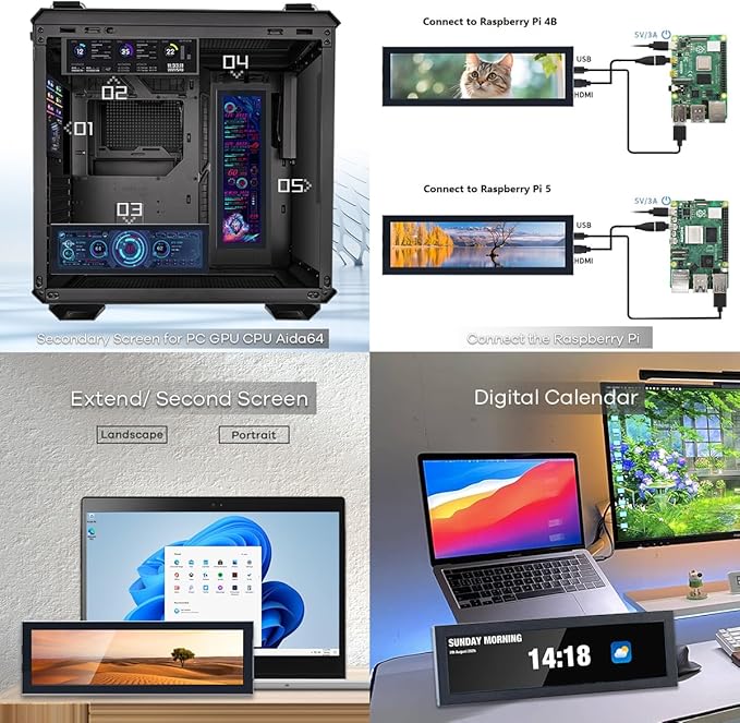 8.8 Inch Touchscreen Computer Secondary Screen 1920x480 FHD IPS LCD Display for PC Case AIDA64 CPU GPU Temperature Monitor for Raspberry Pi