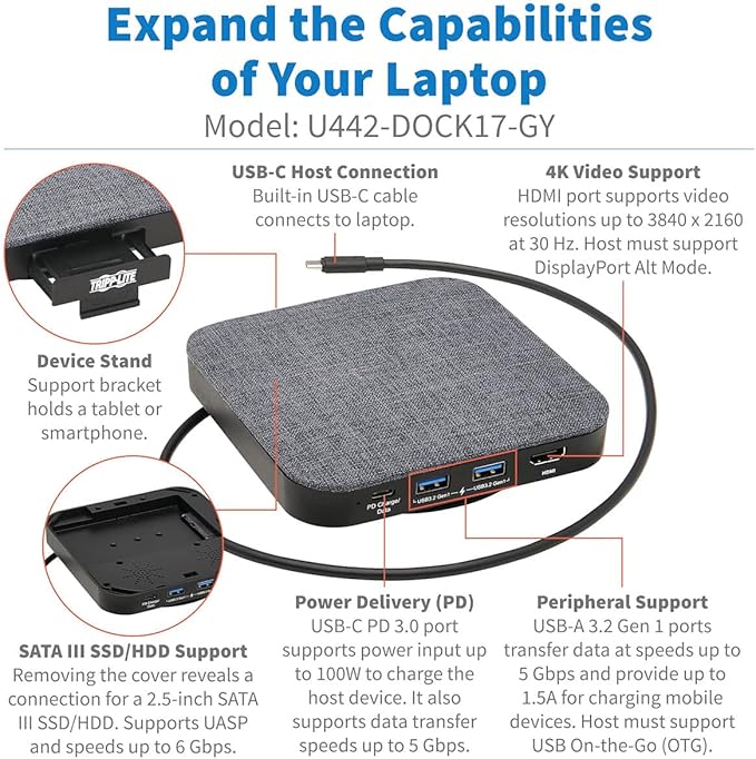 Tripp Lite USB C Dock Single Display 4K HDMI USB-A/USB C Hub 100W Charging (U442-DOCK17-GY)