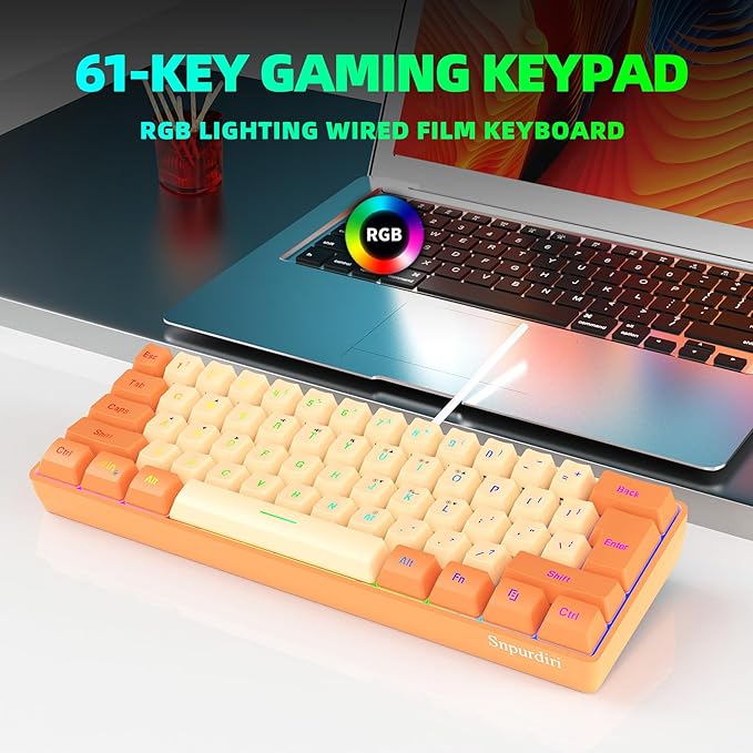 Snpurdiri 60% Wired Gaming Keyboard RGB Backlit Ultra-Compact Mini Keyboard Waterproof Mini Compact 61 Keys Keyboard for PC/Mac Gamer Typist Travel (Orange and Cream)
