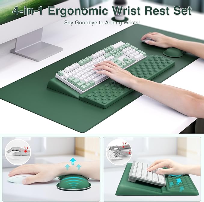 Ospelelf Keyboard Wrist Rest Stand Pad and Ergonomic Mouse Pad Set with Large Mousepad Memory Foam Comfort Premium Office Desk Accessories for Pain Relief Green