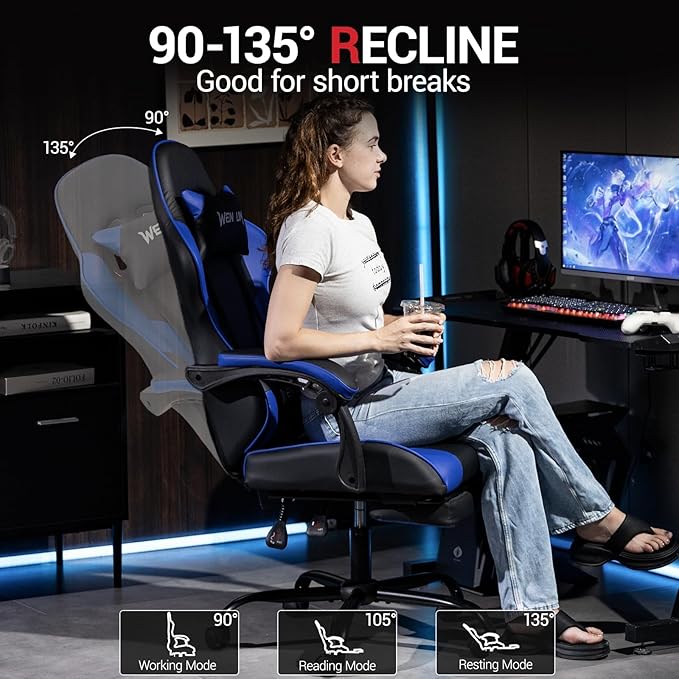 Gaming Chair with Footrest for Adults - PU Leather Video Game Chair w/Massage Lumbar Support for Men Women Ernogomic Computer Gamer Chair for Home Office Height Adjustable Blue