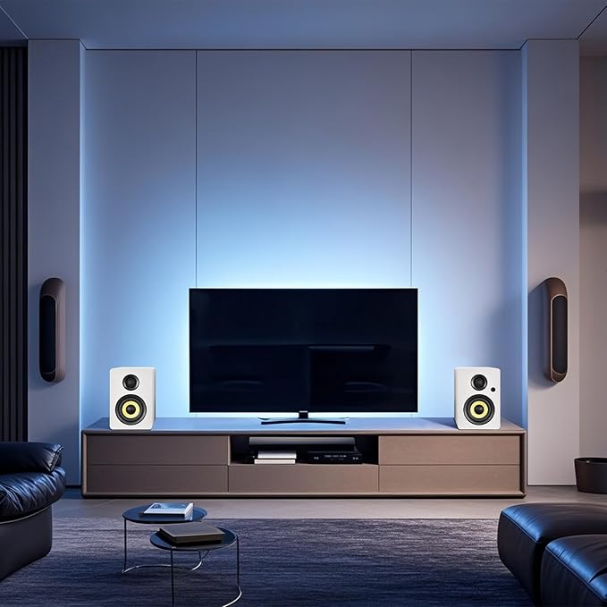 Sanyun SW206 4” HiFi Bookshelf Speakers with Studio Mode 80W Active Bluetooth 5.4/Optical/Coaxial/TRS/Aux/24bit DAC USB for Turntable TV PC Desktop MDF Cabinet Remote Control White