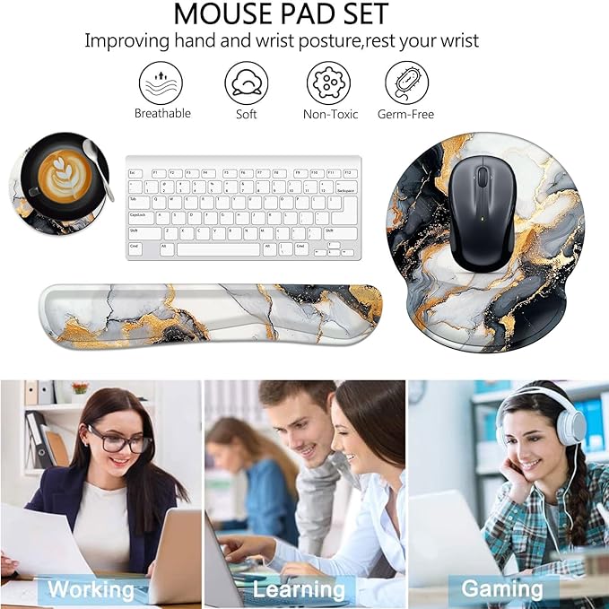 Keyboard Wrist Rest and Mouse Pad Wrist Support Set with CoastersNon-Slip PU Base Ergonomic Gaming Mousepad for Home Office Working Studying Easy Typing &amp Pain ReliefBlack Gold Marble
